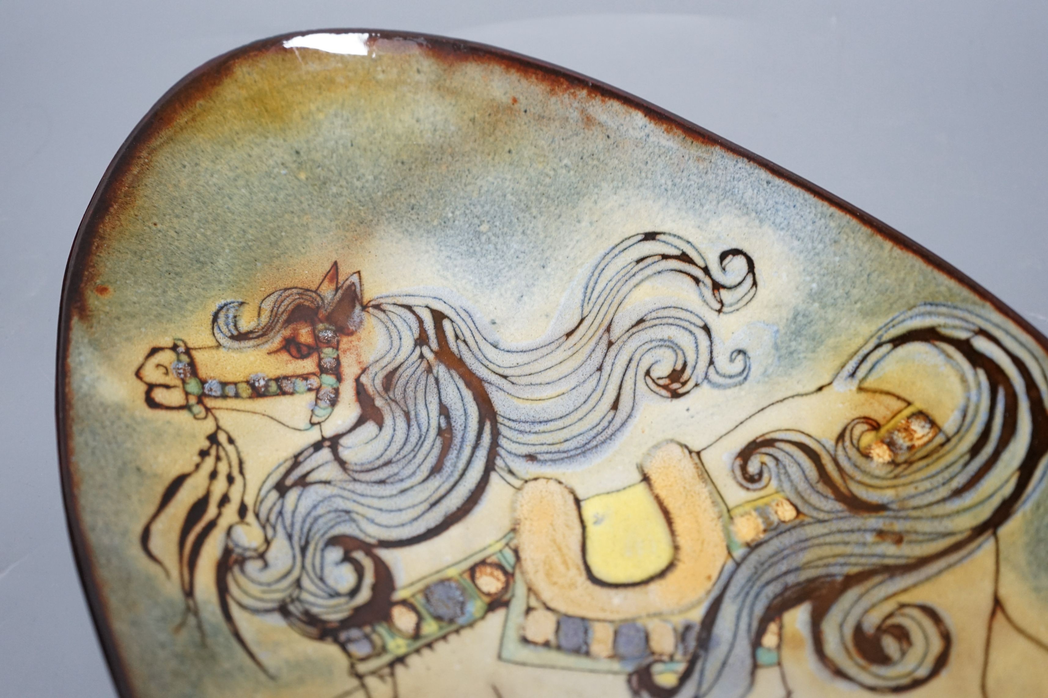 A Chelsea pottery polychrome oval dish by Joyce Morgan, 39cms long